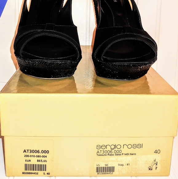 Sergio Rossi NWT Tessuto Raso Black Leather Slingback Platform Heels size 10 - Picture 13 of 15